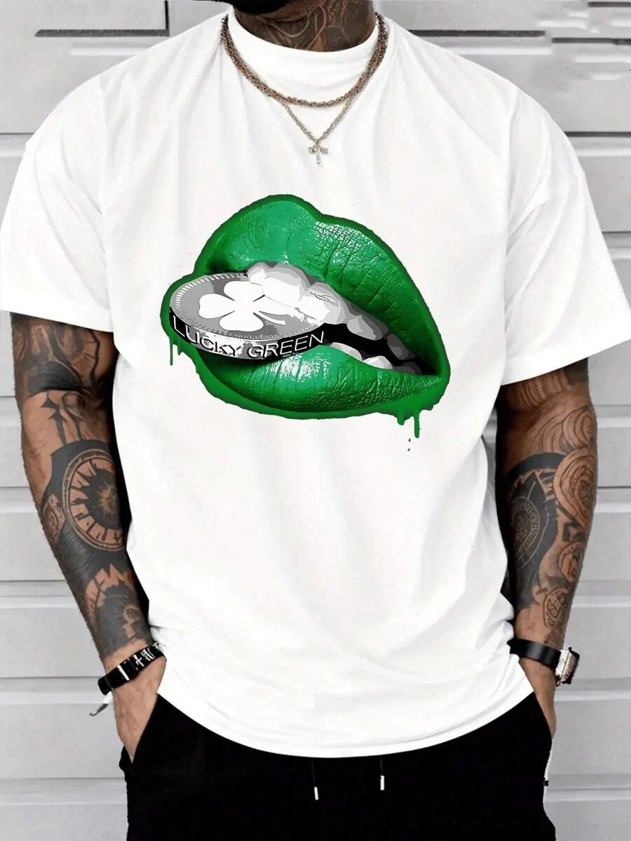 

Witllent Unisex s Lucky Green Design Printed Lips Coin T-Shirt M