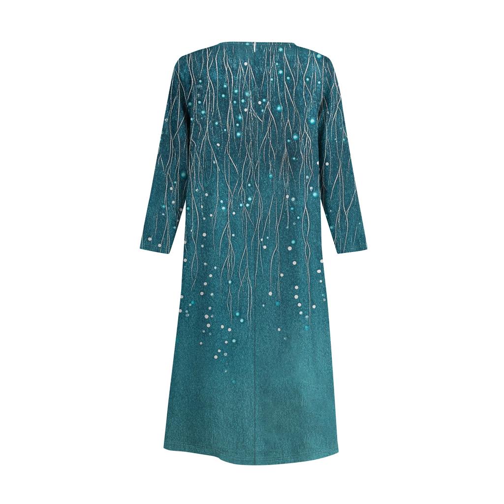 Women's Fashionable Casual Long-Sleeved Round Neck Floral Print Zipper Dress