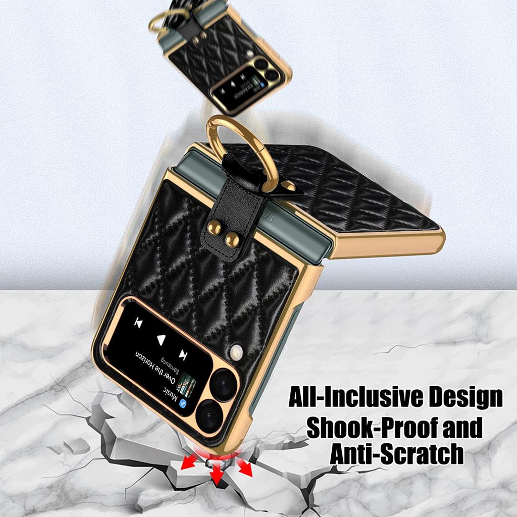 Lyxigt Diamant Luftkudde Läderfodral för Galaxy Z Flip 6 5G Flip7 Z Flip 4 Flip5 Ringhållare Linsskydd Stöttåligt Skydd