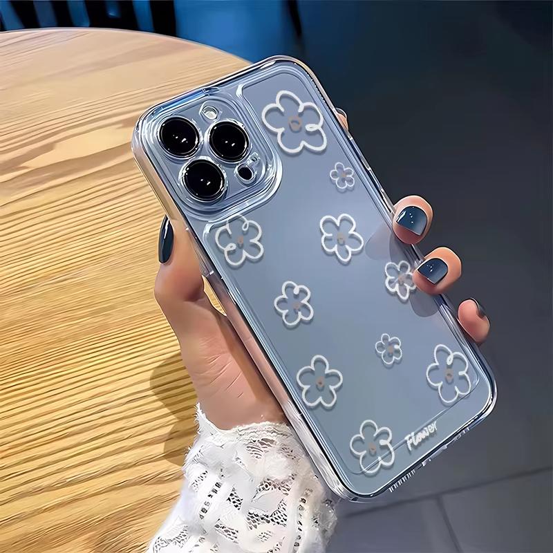 Minimalist White Floral Print Phone Case for iPhone 17 16 15 14 13 12 11 16E Series Pro Max Plus Double Layer Protection