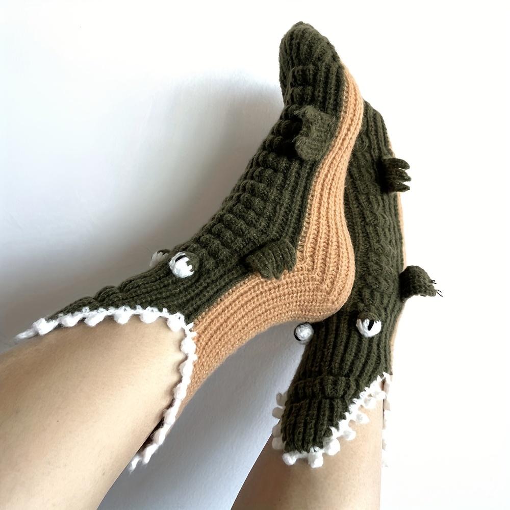 Unisex Christmas Large Eye Crocodile Socks Autumn Winter Warm Neutral Big-Eyed Crocodile Home Floor Socks Mid-Calf Wool Socks