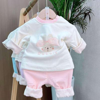 Double Layer Silk Wool Infant High Waist Autumn Set with Cartoon Design