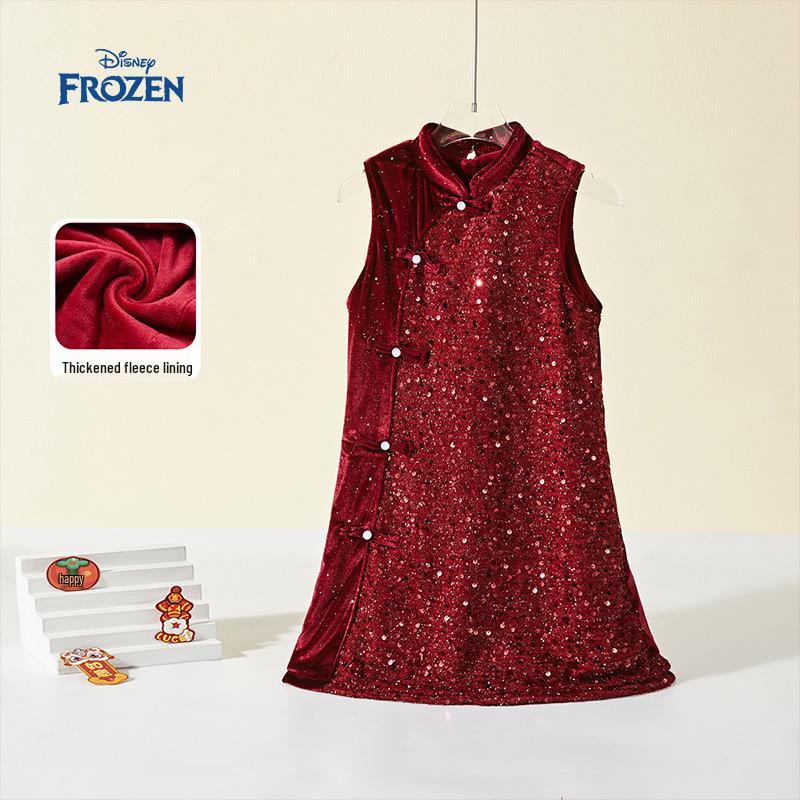 Disney Girl s Elsa Princess Red New Year Dress - 2026 Spring, Chinese Style Children s New Year Outfit 150 cm