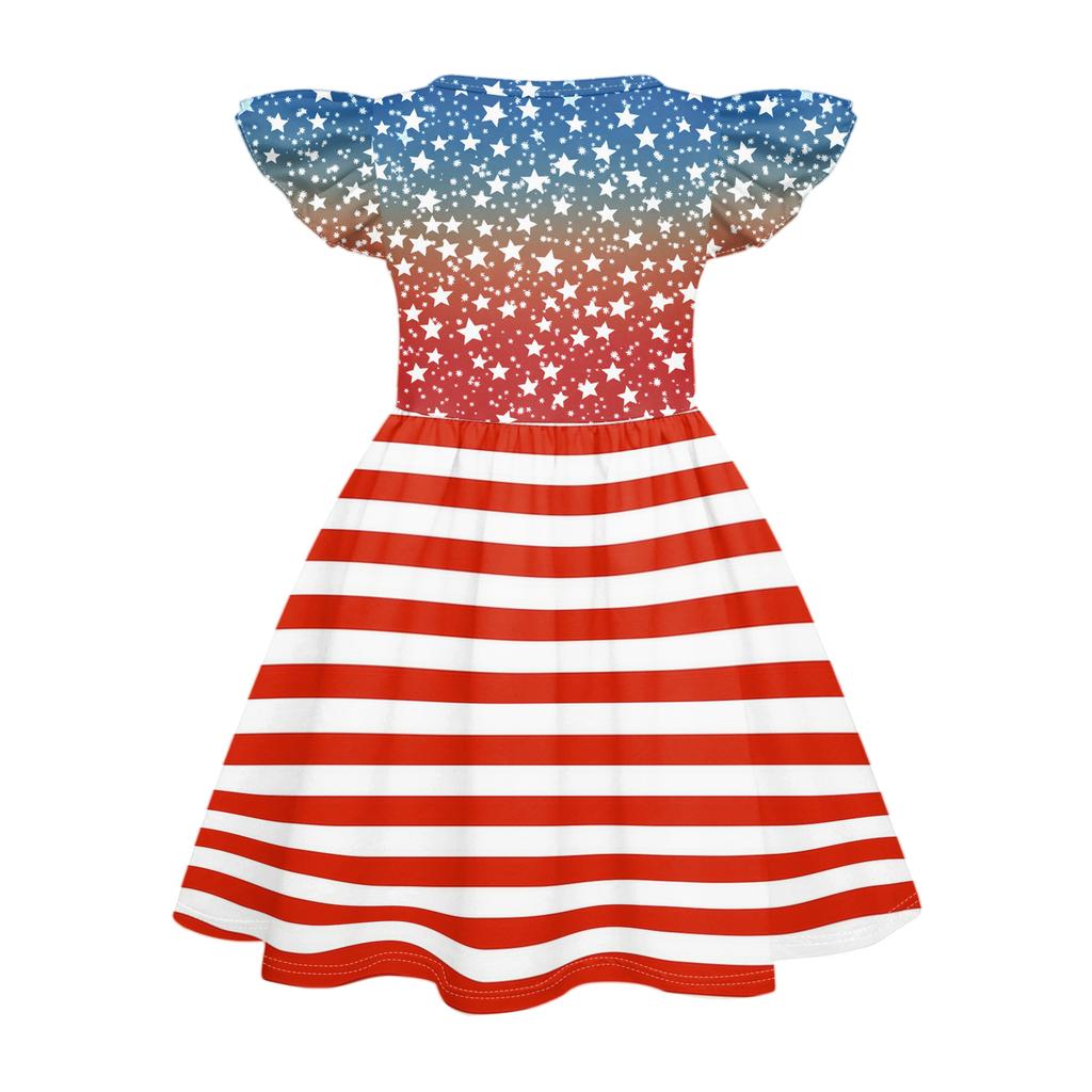 Mädchen Puffärmel Kleid Unabhängigkeitstag Patchwork Lässiges Partykleid Weicher Stoff Bequeme Passform A-Linien-Silhouette Geeignet für den Alltag