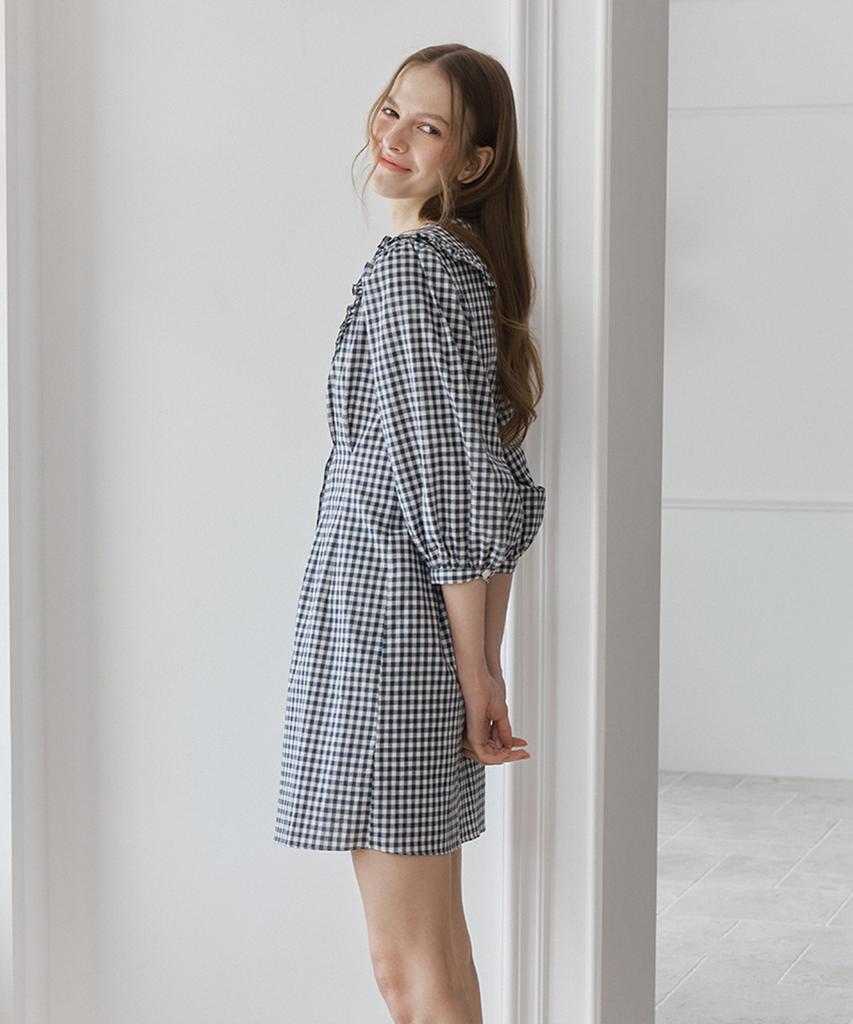 Bember Lace Collar Puff Sleeve Dress_Navy