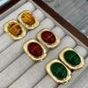 Retro Hong Kong Style Oval Green Stud Earrings Women'S High-End Simple Ear Jewelry
