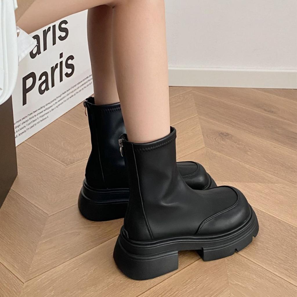 Black British versatile thick-heeled platform Martin boots women's 2025 new summer with skirt and thin short boots