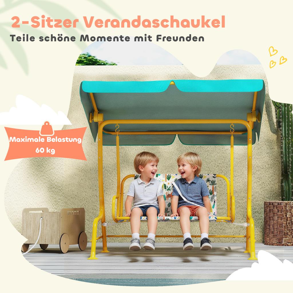 2-Seater Kids Hollywood Swing with Adjustable Canopy, Safety Belt for 3-6 Years up to 60 kg 112x75x120cm Green