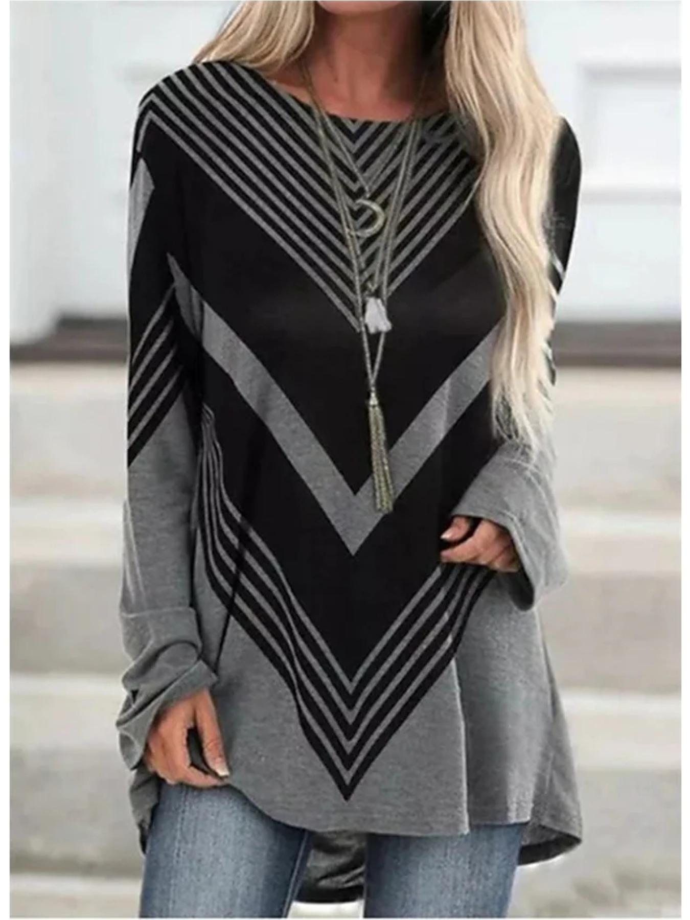 

Женская футболка больших размеров на весну, удобная, с длинным рукавом и круглым вырезом, повседневная, свободного кроя, средней длины, с геометрическим принтом. 8XL чёрный