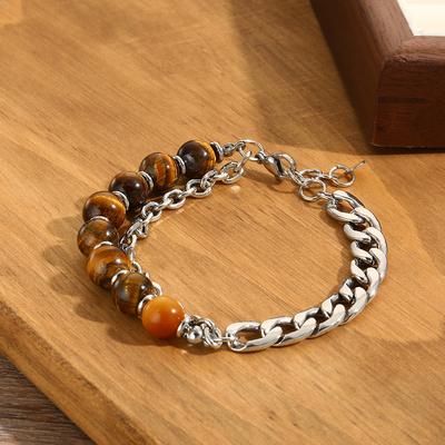 Dropshipping Men's Gemstone Beaded Bracelet Tiger Eye Stone  Stainless Steel Cuban Chain Bracelet for Men