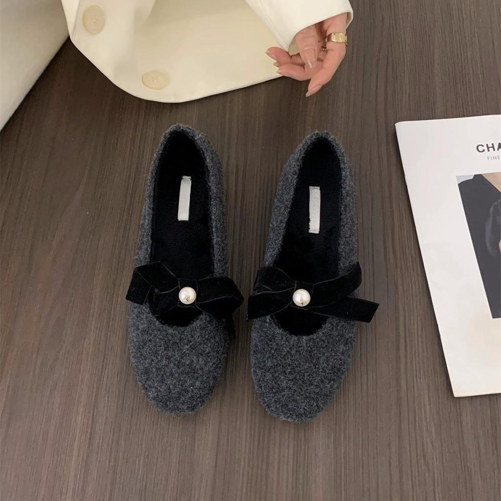 Inner heightening French gentle evening shoes gray single shoes women's shoes 2024 autumn and winter plush Mary Jane fluffy shoes