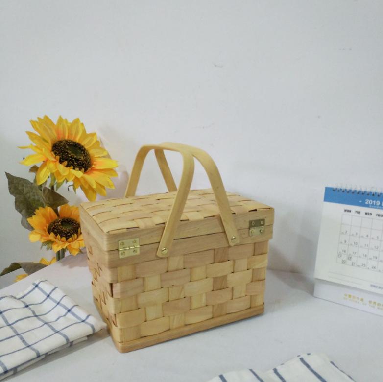 2pc Wood Weaving Picnic Portable Fruit Holder Home Storage Basket