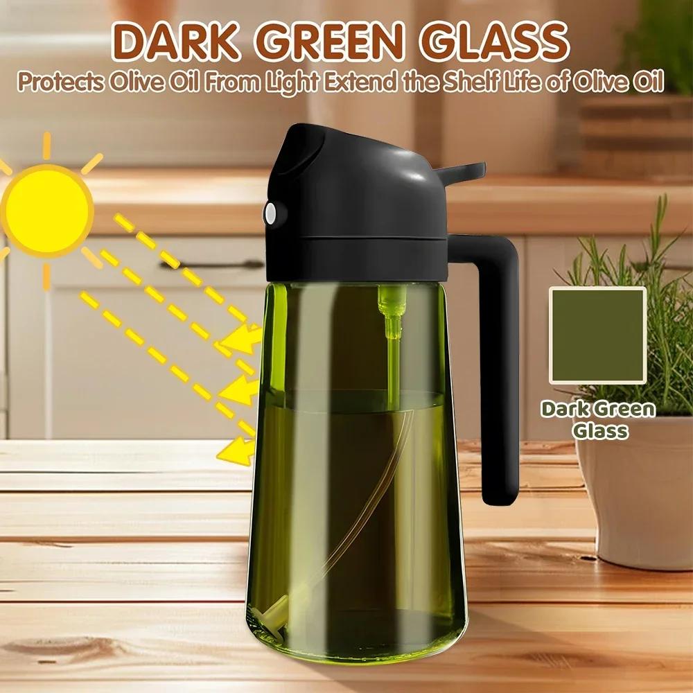 2 in 1 470ML/16oz Light-Blocking Dark Oil Sprayer for Cooking Olive Oil Dispenser Bottle for Kitchen Dark Green Glass Oil Bottle