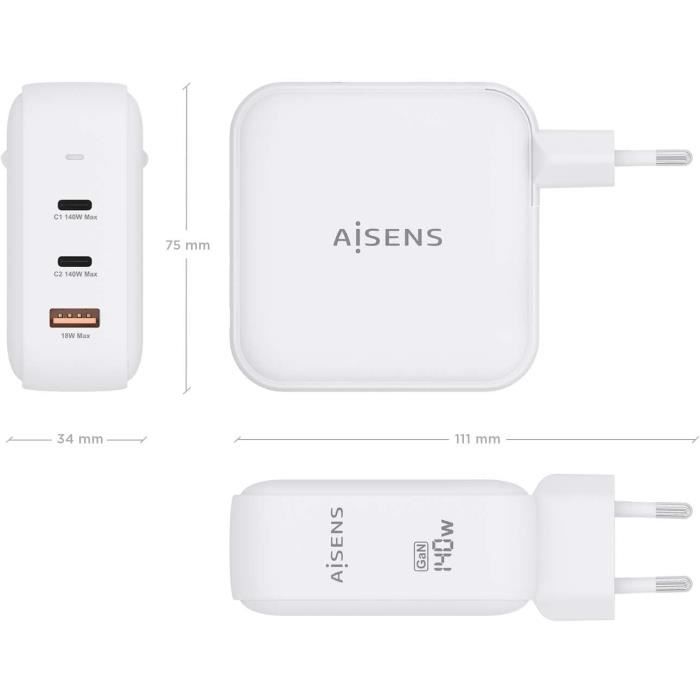 Chargeur Mural - Aisens - ASCH-140W3P030-W - 140 W - USB X 1 - USB-C X 2 - Charge Rapide