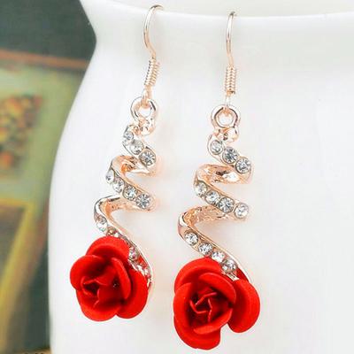 1 Pair Women Earrings Red Rose Big Rhinestone Spiral Charming Hook Earrings for Gift