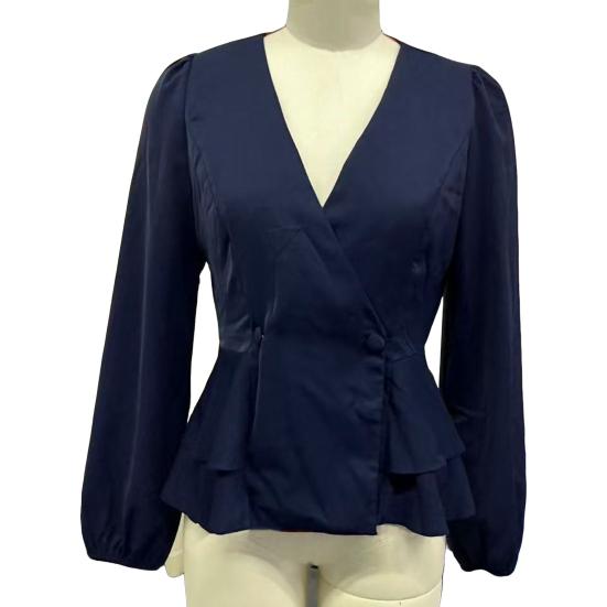 Women Tops V Neck Long Sleeve Slimming Blouse Waist Tight Ruffle Trim Hem Solid Color Shirt Tops Daily Wear