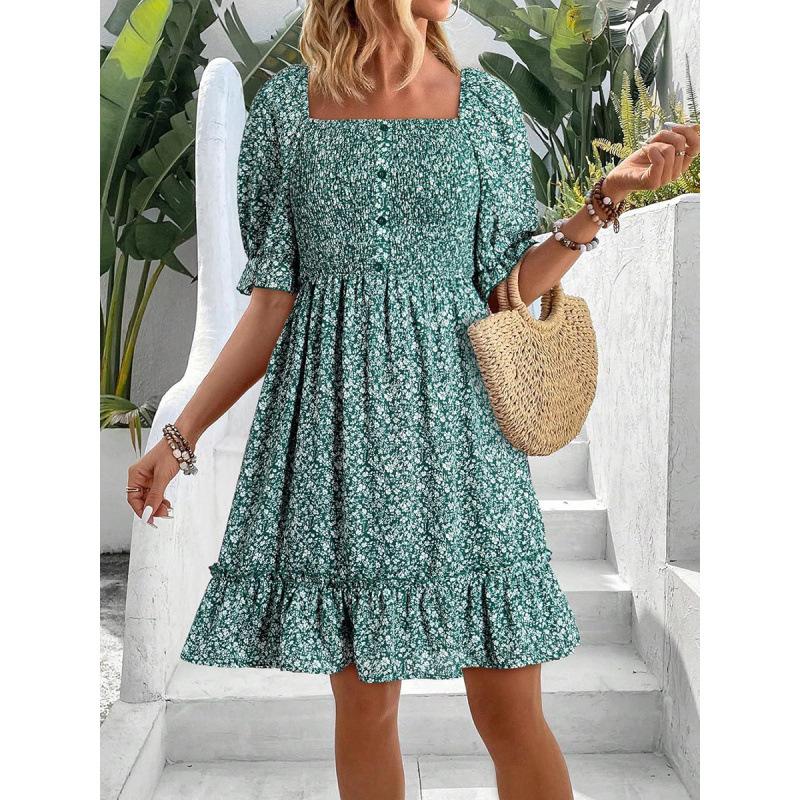 Women's Square Neck Puff Sleeve Printed Backless Loose Casual Midi Dress For Women