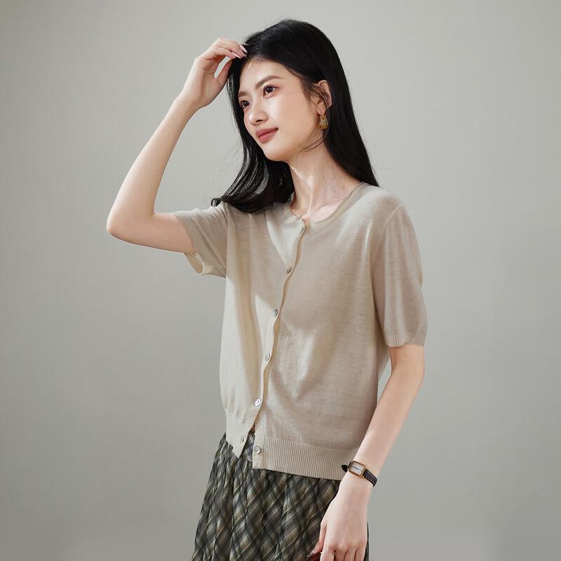 SOFSIL Retro Round Neck Short Sleeve Wool Knit Cardigan