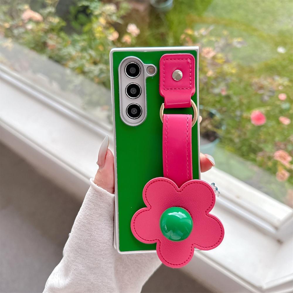 Cartoon Flower Wristband Leather Case for Samsung Galaxy Z Fold 7 6 5 Zfold 3 4 Color Collision Wrist Strap Shockproof Ins Cover