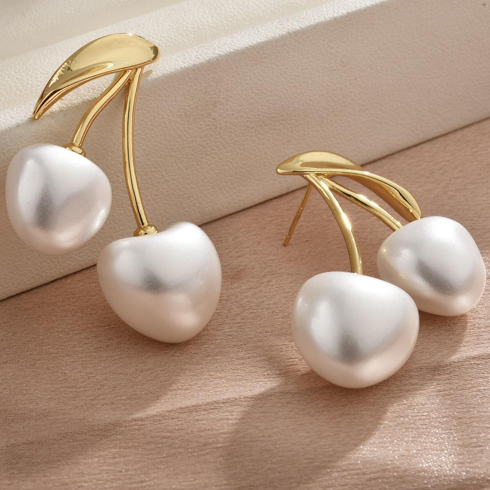 2026 French Romantic Cherry Pearl Stud Earrings - Elegant Gold Plated Heart Pearl Drop Earrings for Women Sweet Jewelry