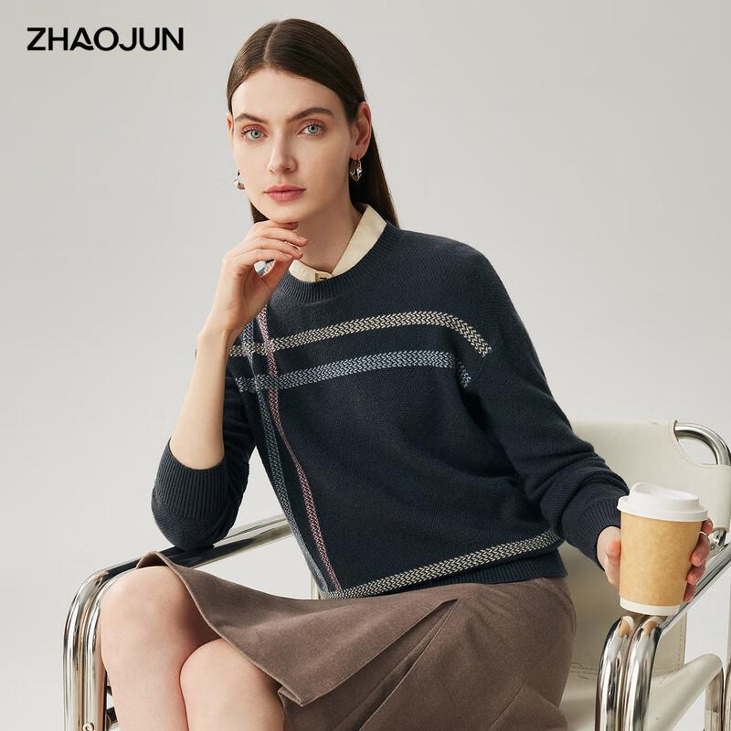 Women's 100% Cashmere Color Block Stripe Round Neck Sweater