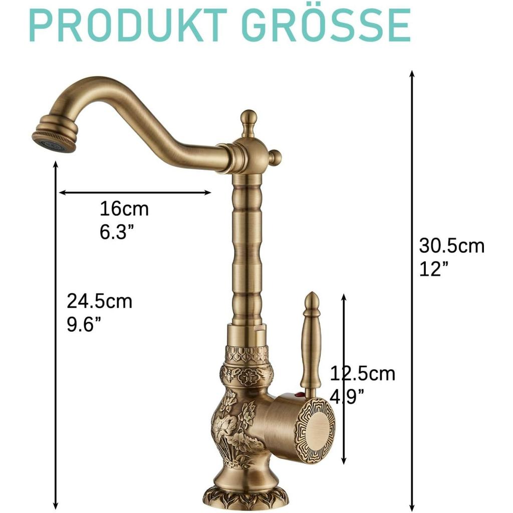 Antique Brass High Tap Bathroom Basin Single Lever Sink Mixer Tap 360° Rotating Spout