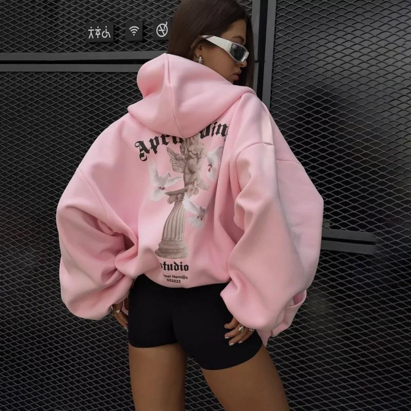 2026 Womens Oversized Hooded Zip-Up Sweatshirt Streetwear Graphic Print Loose Fit Long Sleeve Casual Top