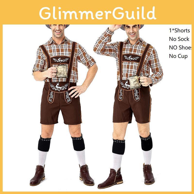 Stylish German Oktoberfest Clothing Men Fawn Print Khaki Plaid Costume Set