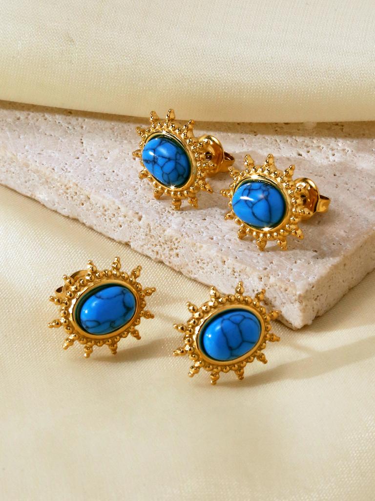 1 Pair Vintage French Natural Stone Blue Zircon Stainless Steel 18k Gold Plated Women's Stud Earrings for Women's Daily Wear