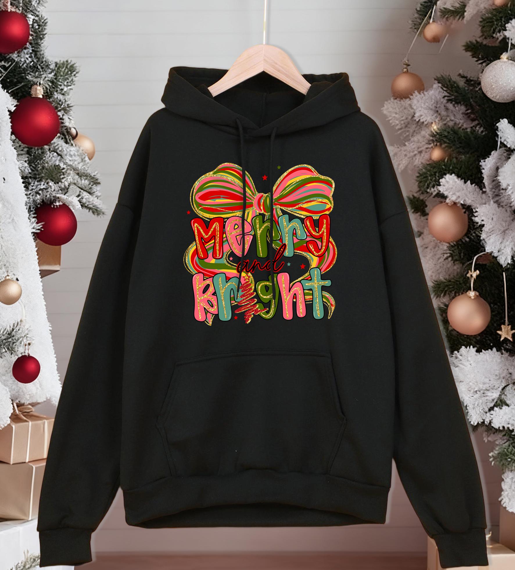 

Merry Christmas And Bright Bow Printing Hoodies Men Hip Hop Fleece Streetwear Autumn Loose Pullover Pocket All-Match Clothing 3XL