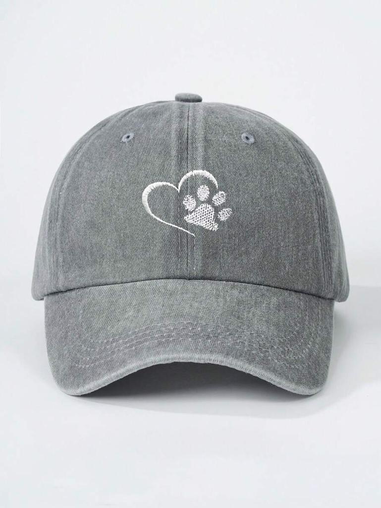 Washed Baseball Cap With Embroidered Heart And Paw Print, Adjustable Outdoor Sun Hat For Adults