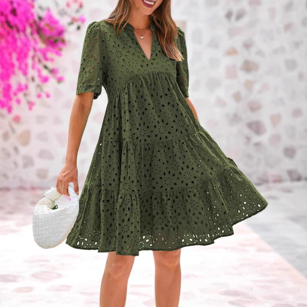 Women's V Neck Puff Short Sleeve Eyelet Loose High Waist British Casual Mini Dress