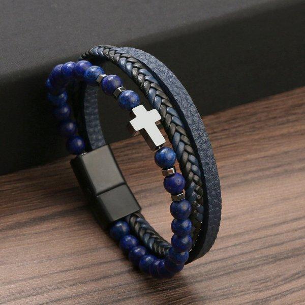 Gebet Herren Naturstein Perlen Rosenkranz Kreuz Armbänder Mehrschichtiges Lederarmband Damen Yoga Meditation Schmuck Homme Pulsera
