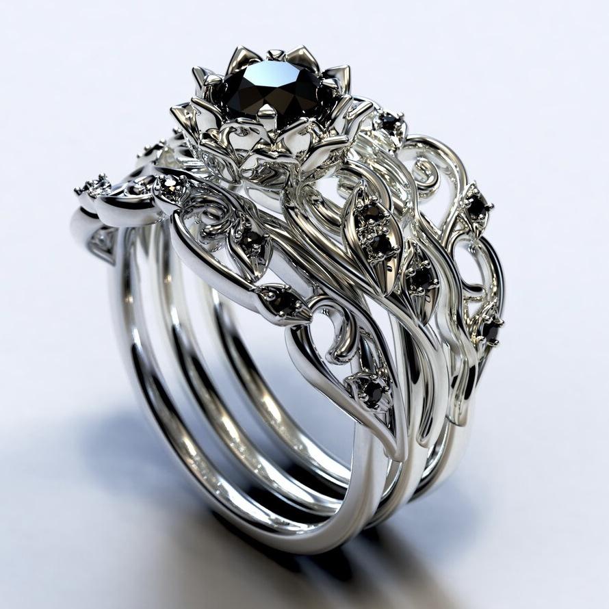 Set di Gioielli da Donna Trendy in Tre Pezzi: Anello Ondulato Floreale con Accento di Diamante Nero