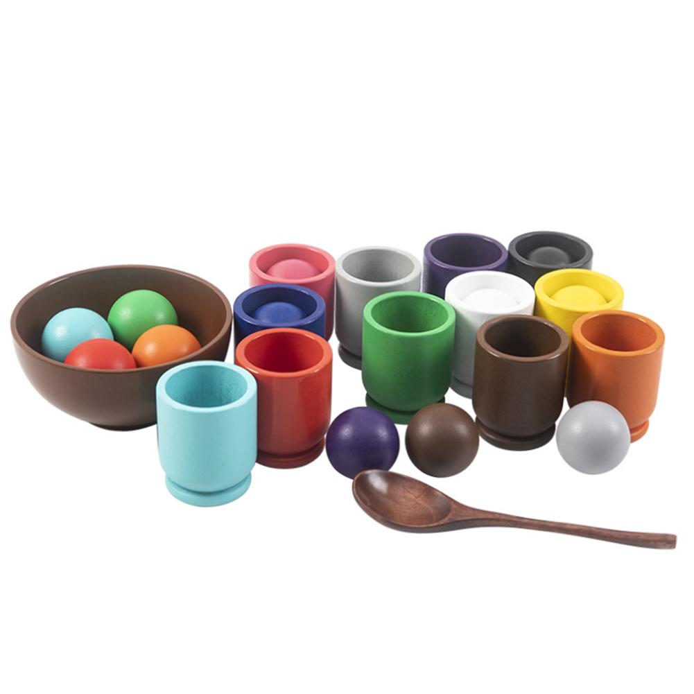 Rainbow Balls in Cups Preschool Learning Toys with Cups/Balls/Bowl/Spoon Wooden Color Sorting Toy for Kids 3 Years Old and Up