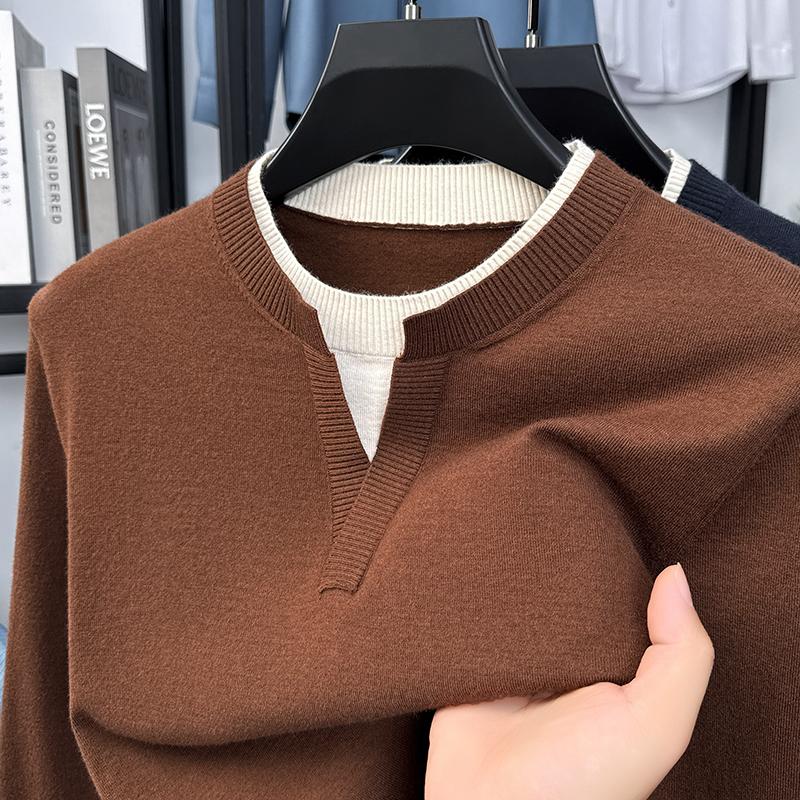 Men s O-Neck Fake Two Piece Knitted Sweater Autumn Winter Solid Color Minimalist Versatile Menswear XXL