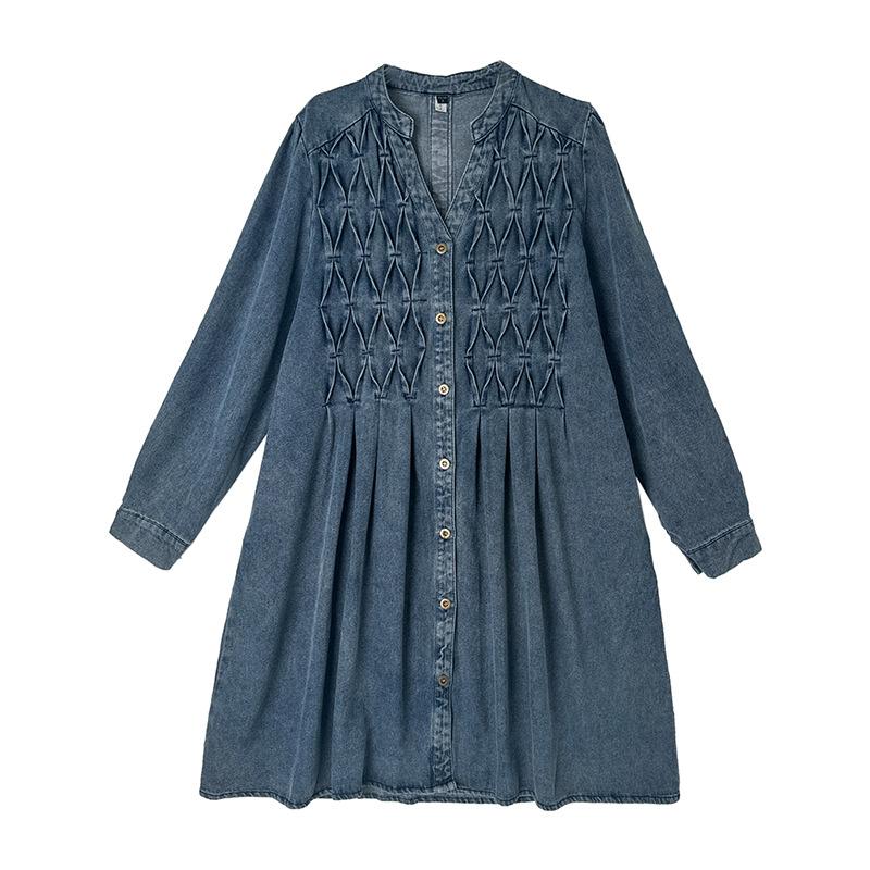 2024 Autumn New plus Size Loose Slimming V-Neckline Single-Breasted Mid-Length Casual Denim Trench Coat Women