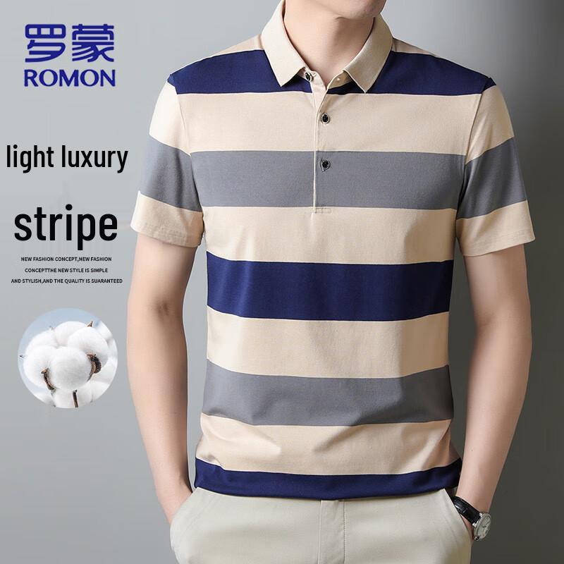 ROMON Men s Striped Ice Silk Polo T-Shirt 4XL