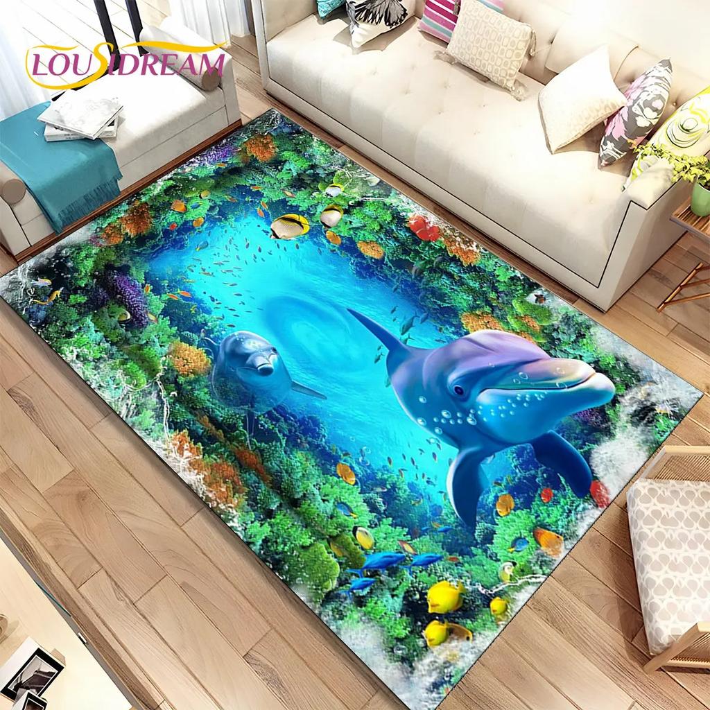 3D Illusion Seabed Underwater World Dolphin Shark Area Rug,Carpet Rug for Living Room Bedroom Sofa Doormat,Non-slip Floor Mat