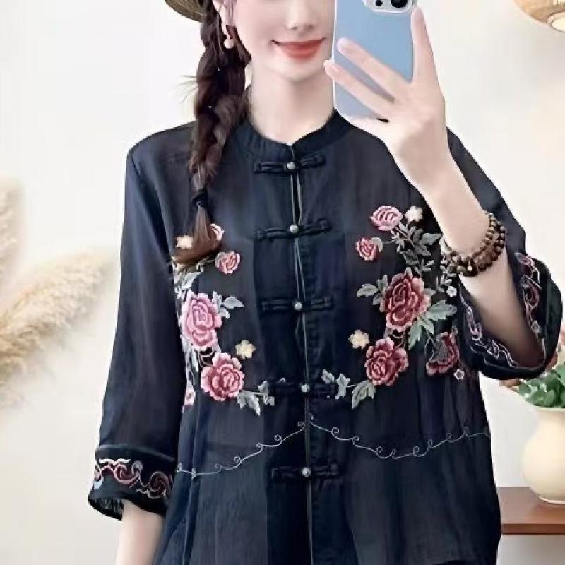 Female Summer Embroidered Lightweight Shirt: Boho-Chic, Retro, Ethnic-Style, Stand-Up Collar, Double-Breasted Blouse
