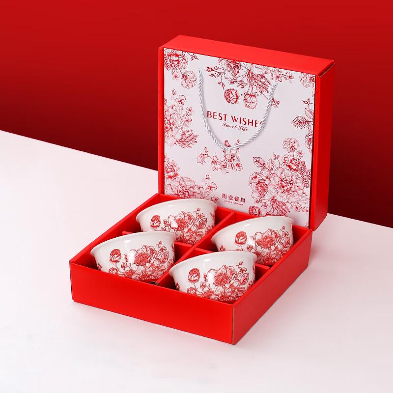 Japanese Style Red Rose Ceramic Bowl and Chopstick Gift Set