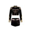 Completo da Performance Stage Kpop da Donna, Giacca Nera con Ricami Dorati con Set di Pantaloncini a Gonna Pieghettata, Costume da Idol Scintillante con Strass per Concerto, Tuta da Ballo