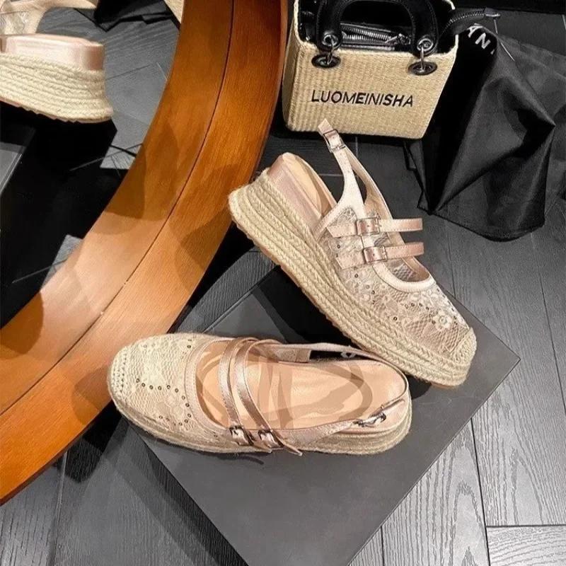 Fashion Ladies Shoes 2025 Summer New Lace Mesh Women's Sandals Buckle Strap Wedges Closed Toe Daily Casual Brand Platform heeled Sandals