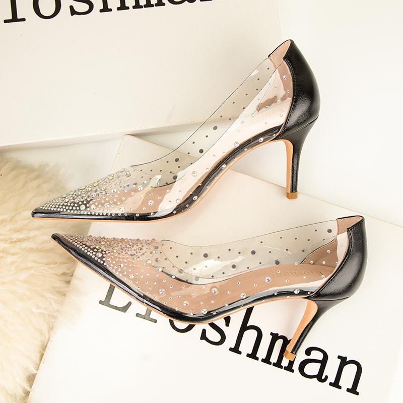 Fashion 2025 Spring New Shallow Mouth High-heeled Shoes Women's Slender Heel Pointed Crystal Pumps Rhinestone Banquet Wedding Shoes