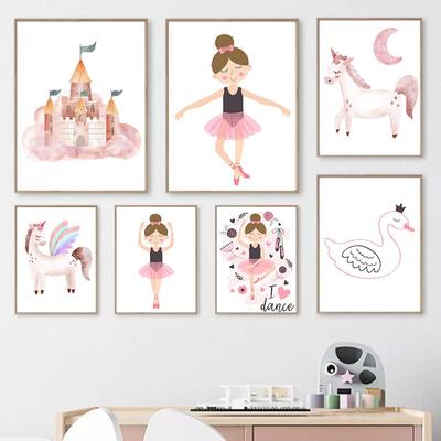 Pink Ballet Girl Princess Unicorn Castle Swan Wall Art Print Canvas Painting Nordic Posters Cartoon Pictures Baby Kid Room Decor