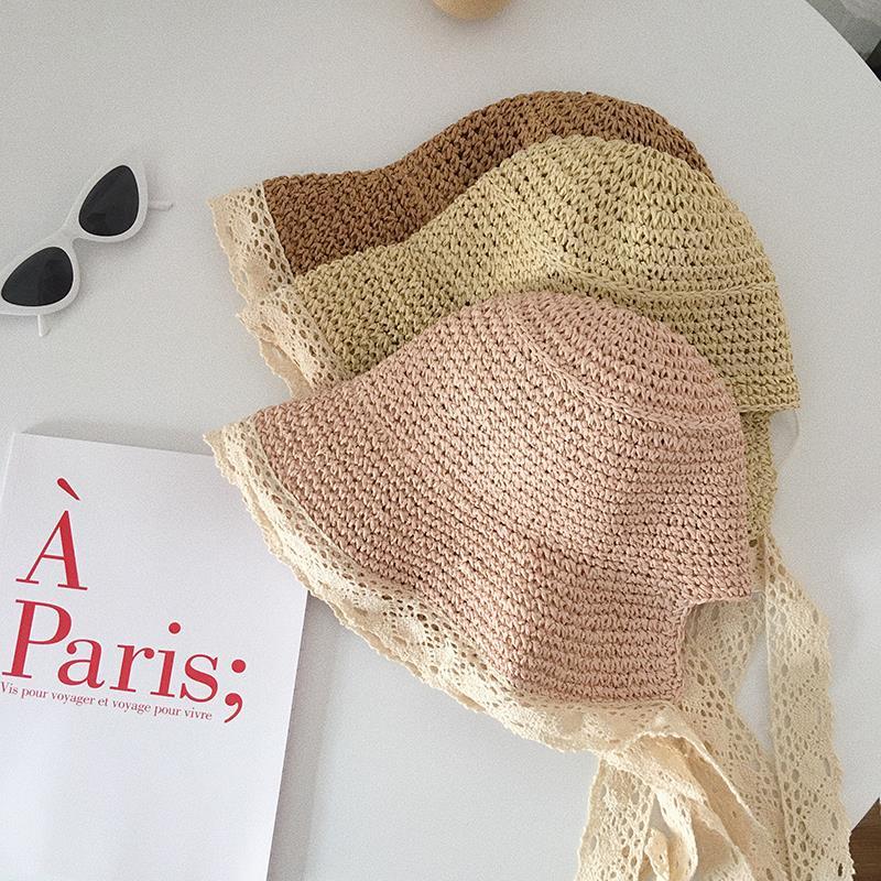 Summer Bucket Hat Women Lace Sun Hats for Wide Brim Straw Beach Side Cap Floppy Female Straw Hat Lace Solid Fringe Straw Hat