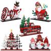 Huwena 5 Pcs Christmas Table Decorations Wooden Xmas Table Centerpiece Signs Joy Snowman Gnomes Table Signs Buffalo Plaid Christmas Decors for Winter