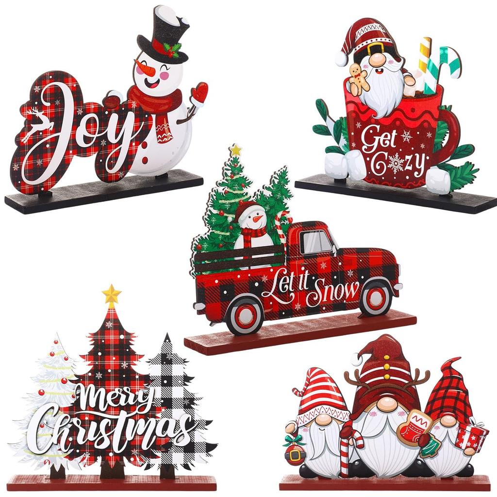 Huwena 5 Pcs Christmas Table Decorations Wooden Xmas Table Centerpiece Signs Joy Snowman Gnomes Table Signs Buffalo Plaid Christmas Decors for Winter