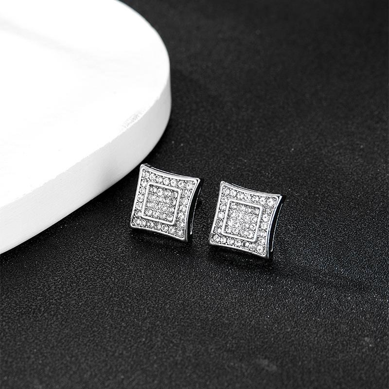 3D Geometric Diamond Stud Earrings for Men - European & American Style Jewelry