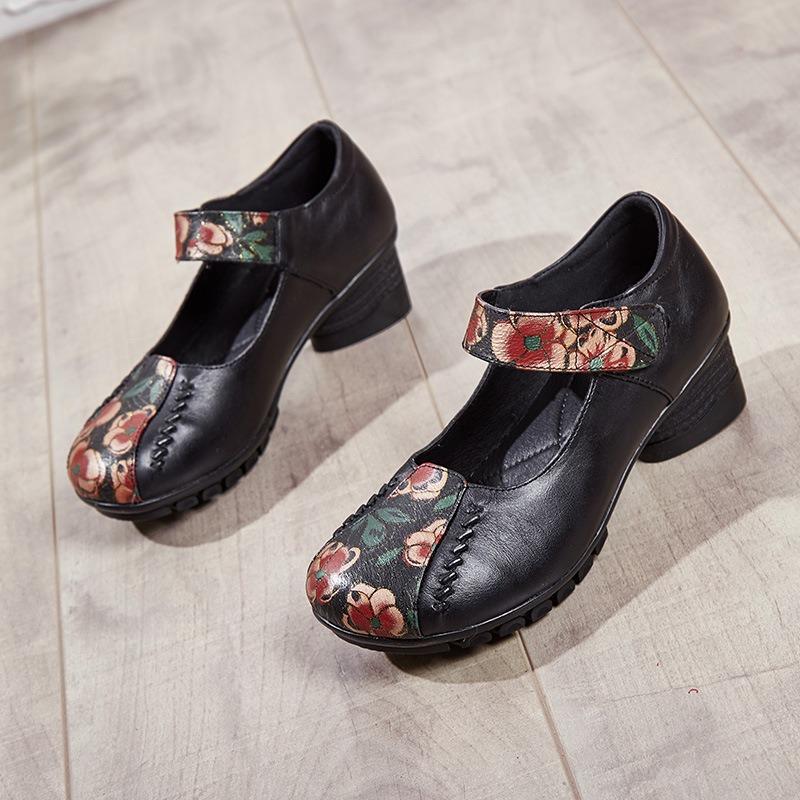 

Spring new leather thick heel square dance women s shoes medium and old single shoes shallow mouth mother shoes 41